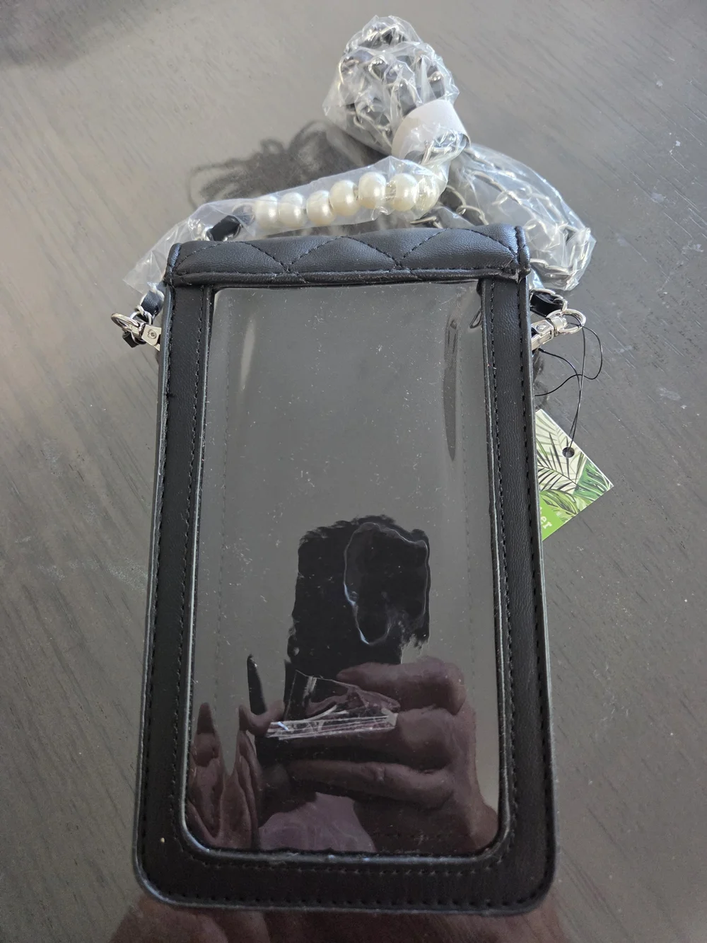 Badgley Mischka Black Quilted Crossbody Phone Case with Pearl Studs